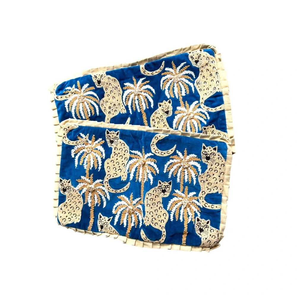 Leopard Palm Tree Pillow Covers Pair Blue Velvet Embroidered Maximalist 12x20
